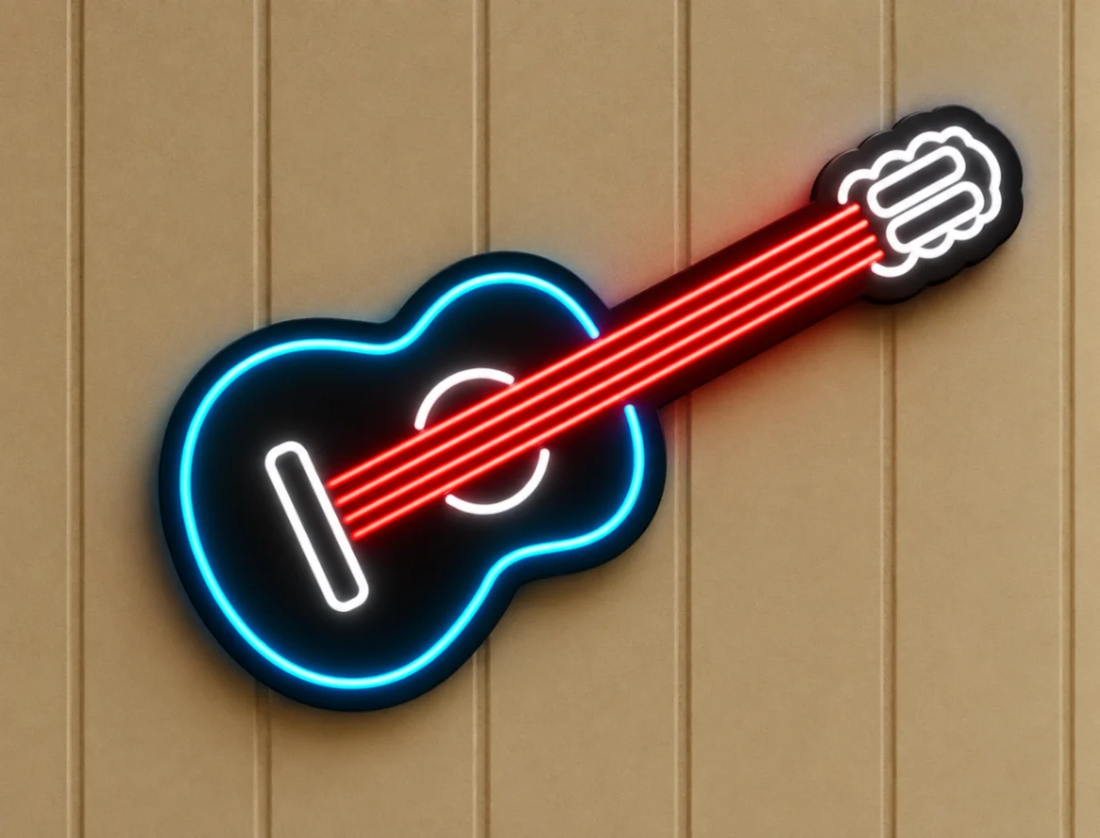 Neon Guitar on Paneled Wall-optimized نئون طرح گیتار - Image 1